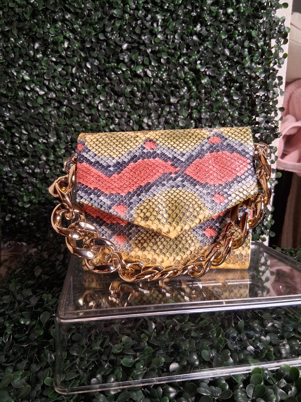 Snake-Print Mini Chain Shoulder Bag in Yellow and Coral
